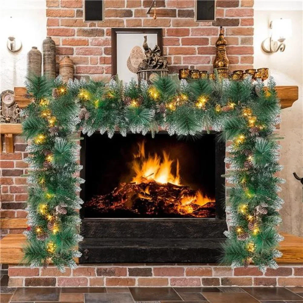 9ft Christmas Flocked Garland (Cone) Pre Lit w/ 50 Count Warm White String Light